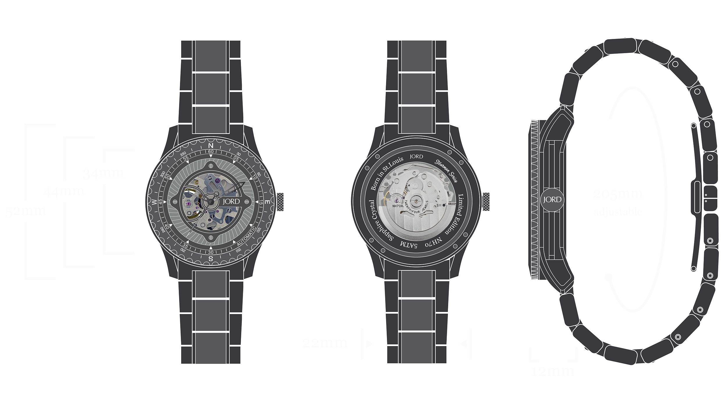 Stearman - Black Limba & Distressed Apache Green Watch Diagram